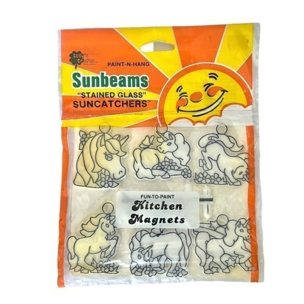 NIB Vintage Sunbeams Unicorn "Stained Glass" Paint-n-Hang Kitchen Magnets 1980s